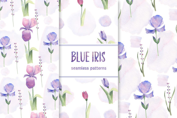 Blue Iris Watercolor Seamless Patterns